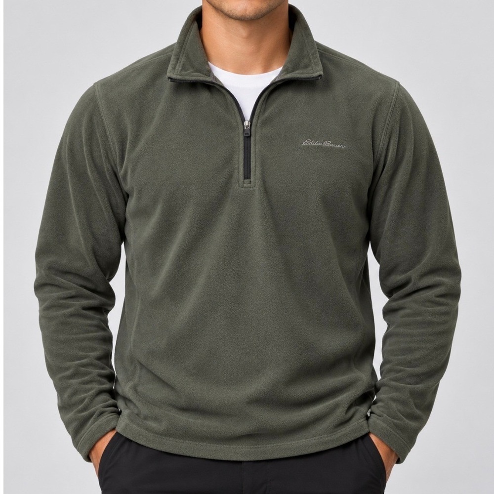 Eddie Bauer Fleece Pullover Large Green Good 1/4 Zip Mock Neck Long Sleeve Top
